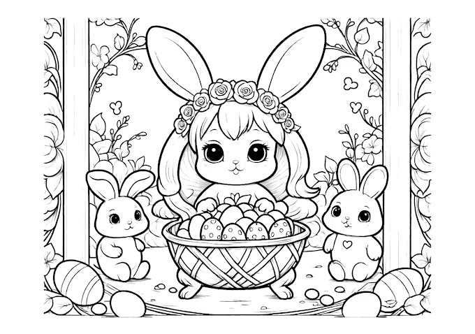 Bunny figurines in egg-shaped baskets with decorative elements