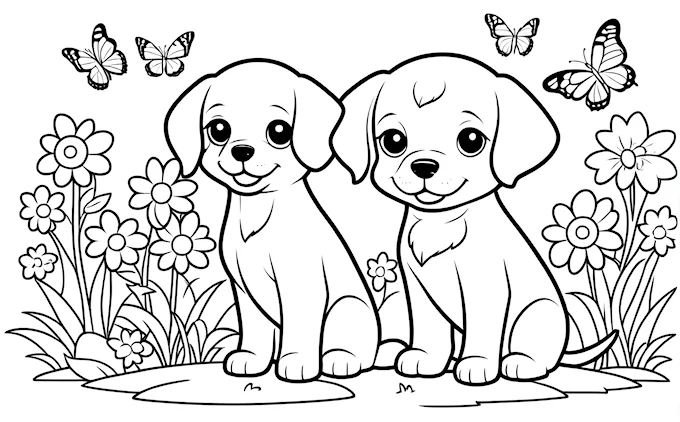 Two puppies in grass with butterflies and flowers, black and white