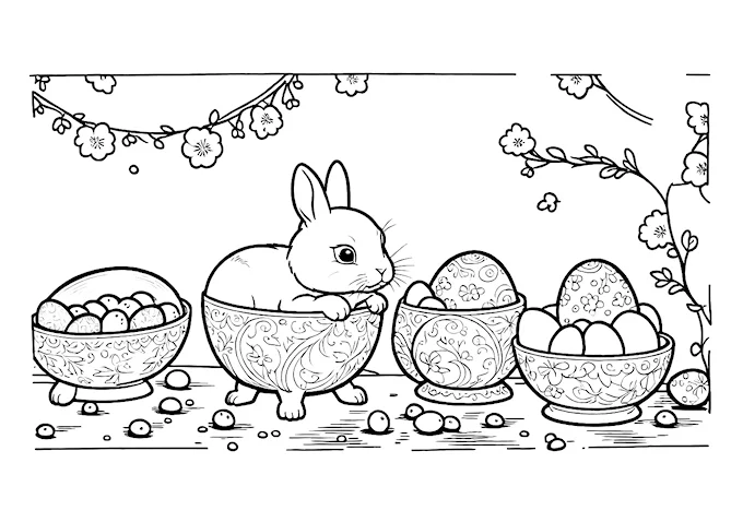 Artistic drawing of rabbits in egg-filled bowls