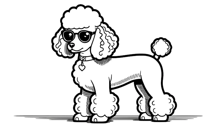 Poodle with sunglasses and hat in grass