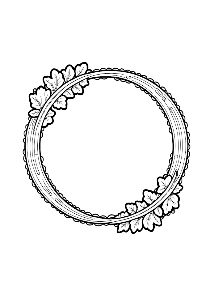Ornate circle with leafy patterns black and white coloring page