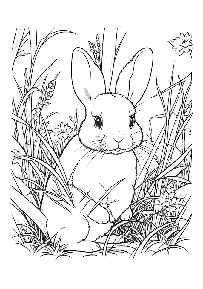 Bunny rabbit sitting in grassy area black and white illustration