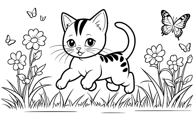 Cat running in field outlined in black and white, with butterflies