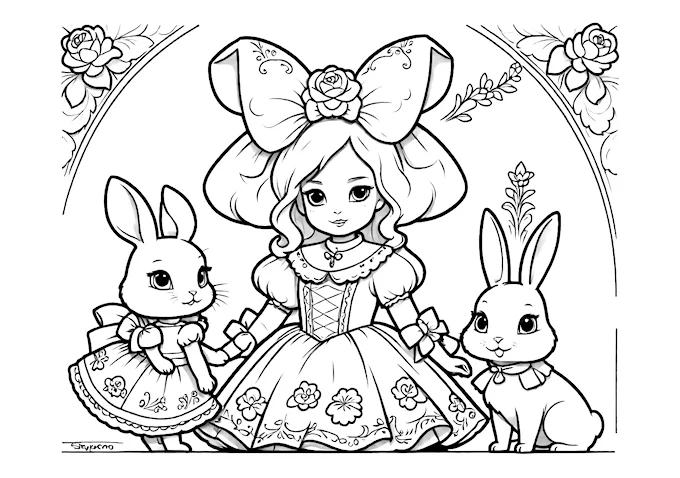Girl Doll with Rabbit Figurines in Fantasy Setting Coloring Page