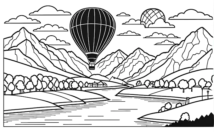 Hot air balloon over mountain range and lake