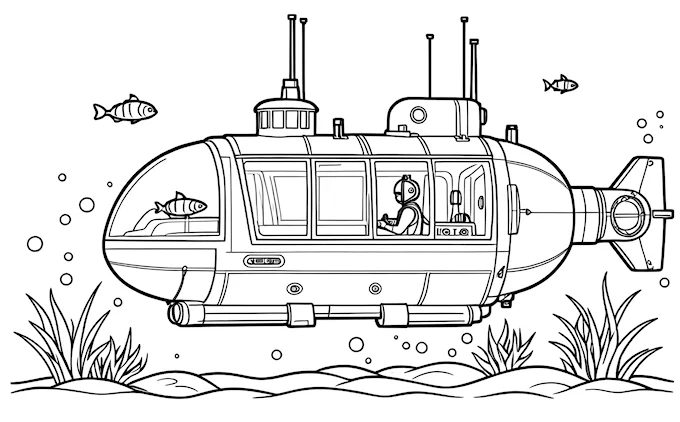 Submarine with fish and bubbles, storybook coloring page