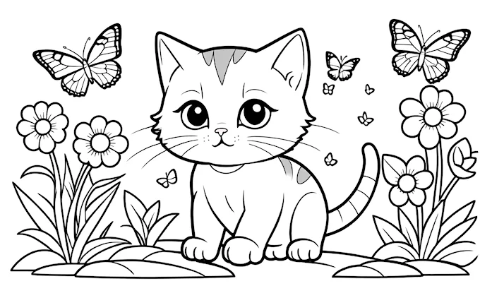 Cat in grass with flying butterflies and foreground flower