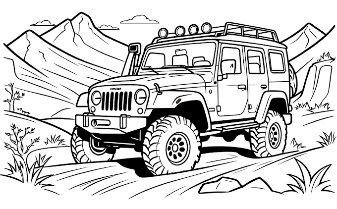 Jeep driving on dirt road with mountains