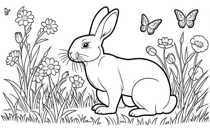 Rabbit in grass with butterflies