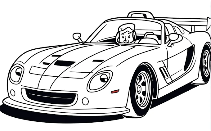 Cartoon car with driver and side view mirror