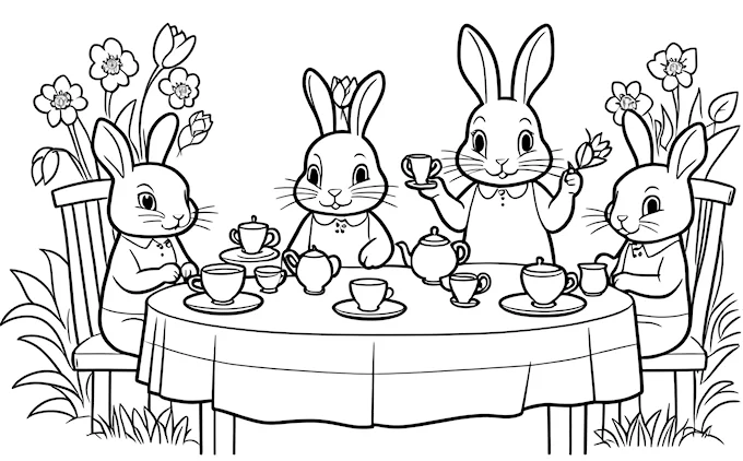 Cartoon bunny and two rabbits having tea