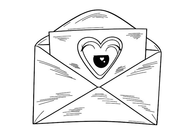 Envelope with heart-shaped eyes drawing coloring page
