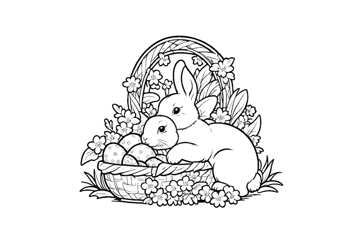 Vibrant Easter basket scene with bunny, flowers, eggs, and carrots