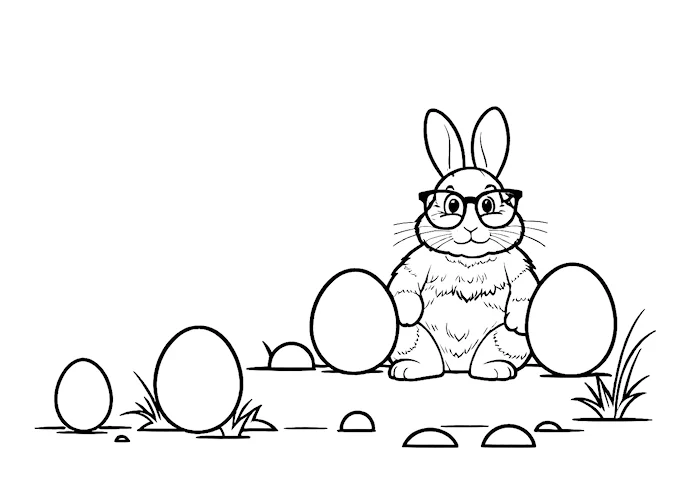 Large bunny with glasses holding eggs coloring page