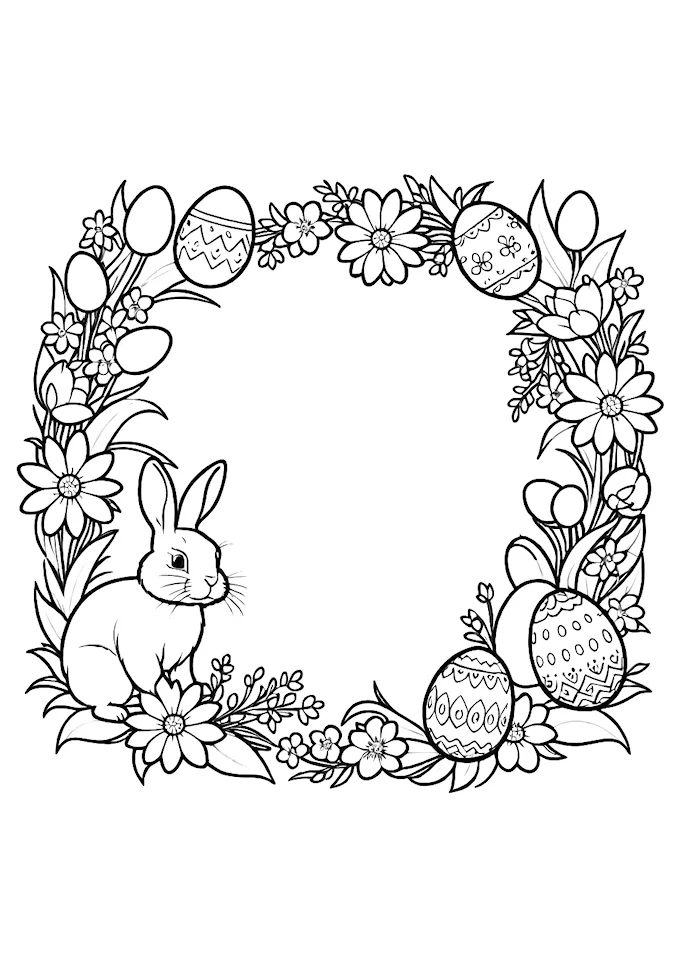 Rabbit in egg-shaped frame with Easter decorations