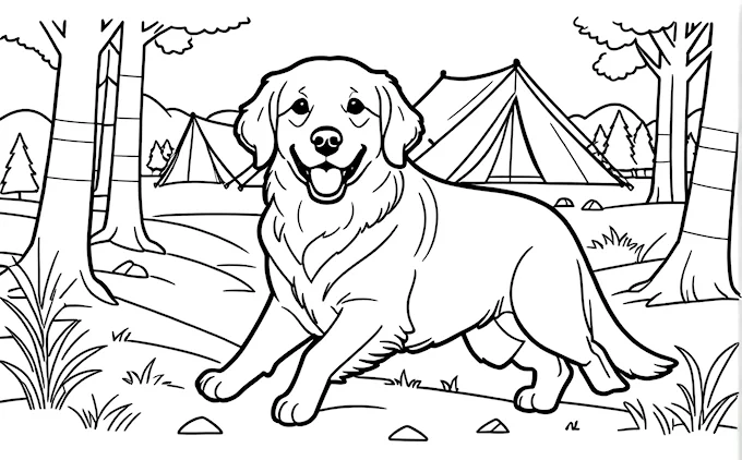 Dog standing in grass with tents