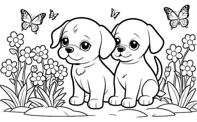 Two puppies in grass with butterflies and flowers