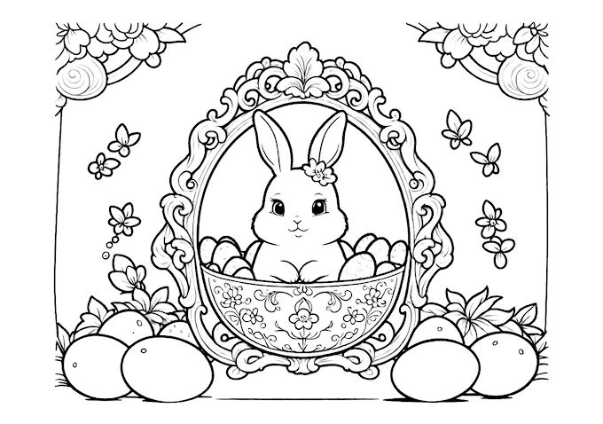 White rabbit in ornate bowl with floral and egg accents coloring page