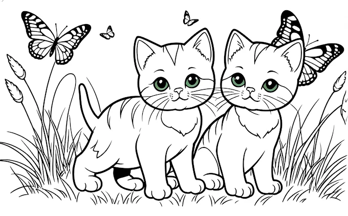 Two cats with butterflies on their heads in grass