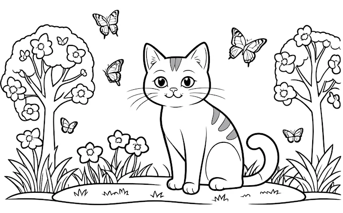 Cat in grass with butterflies, black and white line art, furry art coloring page